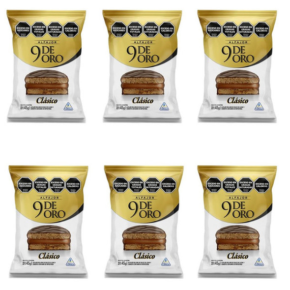 9 de Oro Alfajor Clásico with Dulce de Leche & Chocolate Coating, 45 g / 1.6 oz (pack of 6)