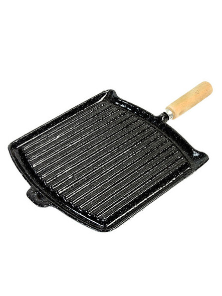 Plancha Bifera Cuadrada Rayada Asadera Enlozada Para Hornalla Enameled Iron Square Grill Roasting Griddle with Wooden Handle, 27 cm x 27 cm / 10.62" x 10.62"