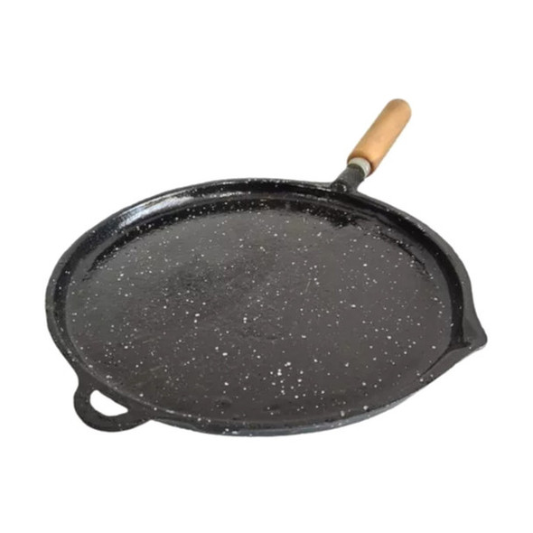 Plancha Bifera Nro 3 Lisa Enlozada Asadera Redonda Para Hornalla Iron Round Grill Roasting Griddle with Wooden Handle, 27 cm / 10.62" diam