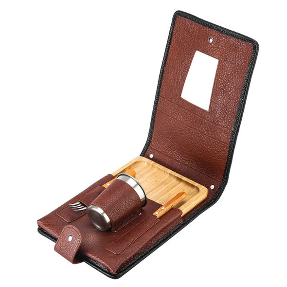 Terrano BBQ Grill Set with Eco-Leather Case, Curated Eucalyptus Board, Stainless Steel Tumbler & Wood Cutlery (Two Colors Available)