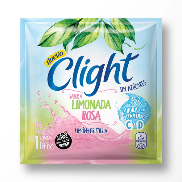 Jugo Clight Limonada Rosa Powdered Juice Lemons & Strawberry Flavor No Sugar, 7.5 g /  0.3 oz (box of 20)