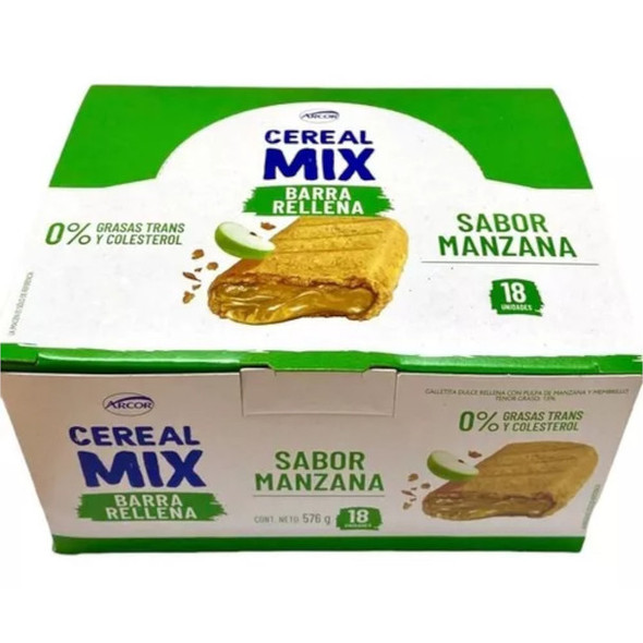 Cereal Mix Barrita de Cereal Rellena Cereal Bars with Apple Filling, 32 g / 1.12 oz (box of 18 bars)