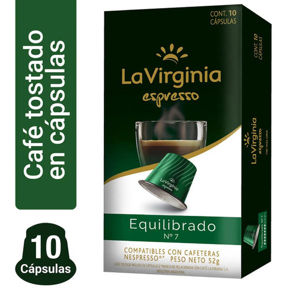 La Virginia Espresso Equilibrado N° 7 Café Tostado Molido en Cápsulas Espresso Coffee Capsules, 5.2 g / 0.18 oz each (box of 10)