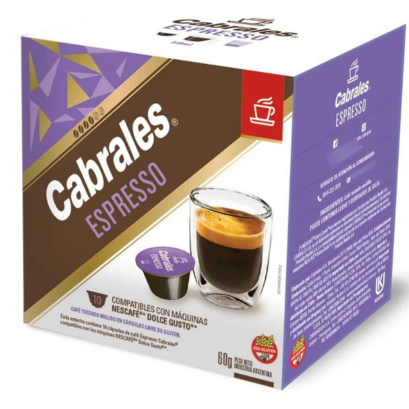 Cabrales Espresso Coffee Capsules Gluten-Free Café Tostado Molido, 6 g / 0.21 oz (box of 10)