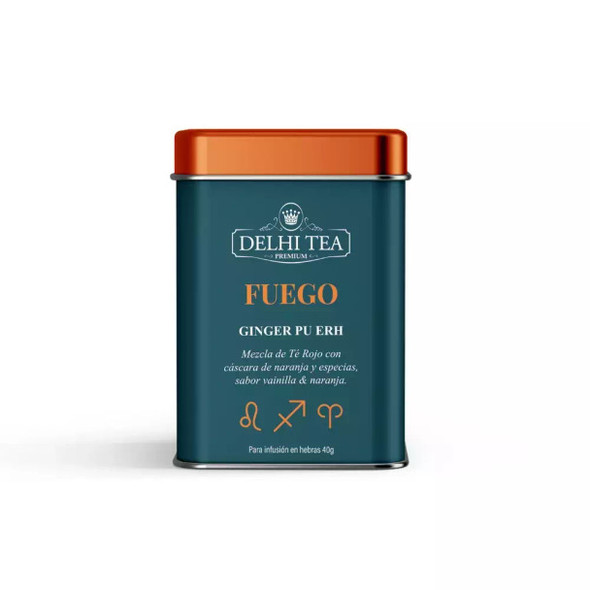 Delhi Tea Fuego Ginger Pu Erh Loose Leaf Tea Tin - Té Rojo con Especias, 40 g / 1.4 oz