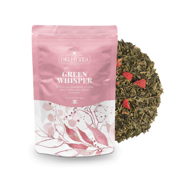 Delhi Tea Green Whisper Loose Leaf Green Tea with Lemongrass & Strawberry Té verde de Hojas Sueltas con Limoncillo y Fresa, 40 g / 1.4 oz