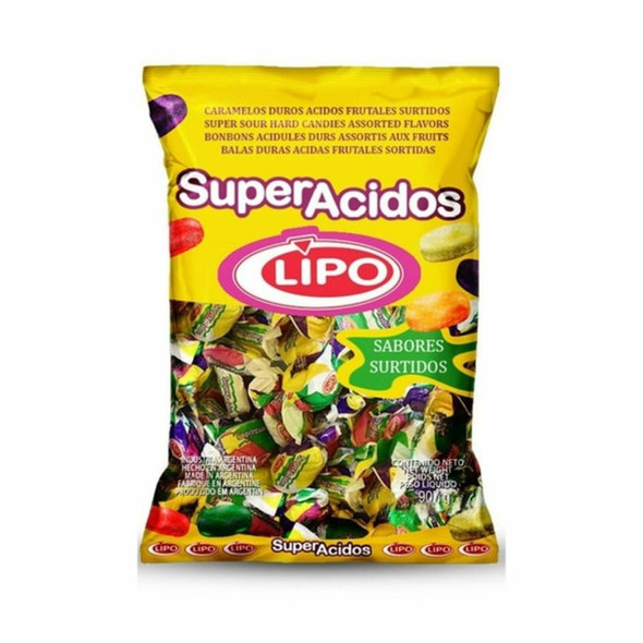 Caramelos Lipo Super Ácidos Sour Hard Candies Assorted Flavors Pineapple, Banana, Strawberry, Lemon, Orange & Peach, 907 g / 2 lb