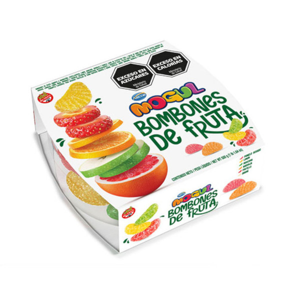 Mogul Bombones de Fruta Candy Fruit Bites Jellies Orange, Apple, Lemon, Strawberry & Pineapple Gluten-Free, 500 g / 17.6 oz box