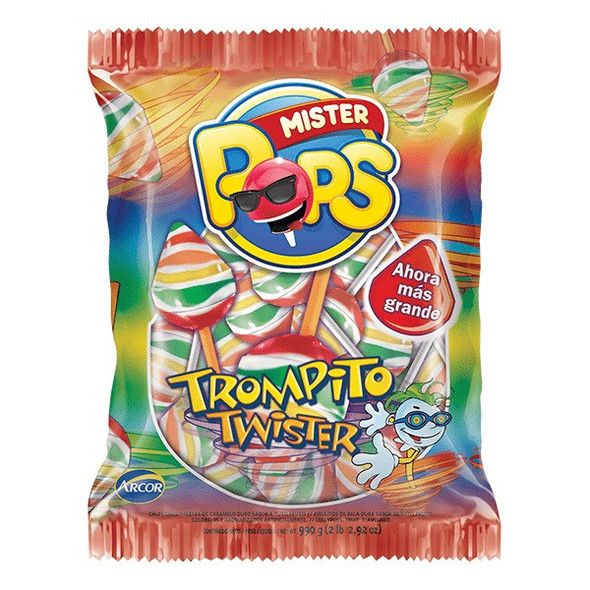 Mister Pops Chupetines Trompito Twister Fruit Flavored Lollypops, 550 g / 19.4 oz (pack of 50 lollypops)