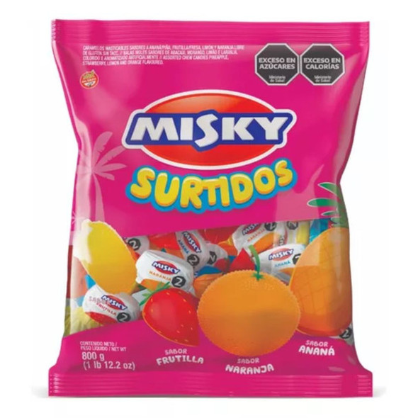 Misky Caramelos Blandos Surtidos Soft Candies Assorted Chew Candies Pineapple, Strawberry, Lemon & Orange, 800 g / 28.3 oz bag