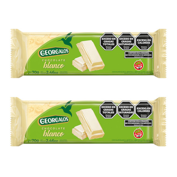 Georgalos Chocolate Blanco Sin Azúcares No Sugar Added White Chocolate Bar with Dulce de Leche Filling, Gluten Free, 70 g / 2.46 oz ea (pack of 2 bars)