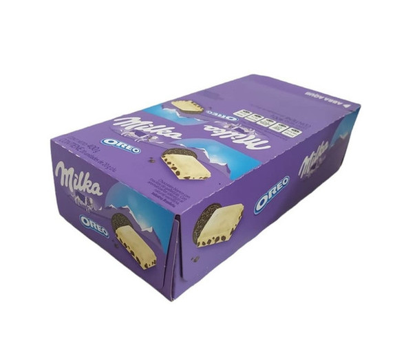 Milka Oreo Chocolate Blanco con Trocitos de Galletitas White Chocolate Bars with Oreo Cookie, 400 g / 14.1 oz (box of 20 units)