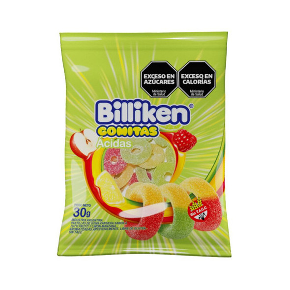Billiken Gomitas Ácidas Sour Candies Gummies Tutti-Frutti Flavor, 30 g / 1.05 oz (box of 12)