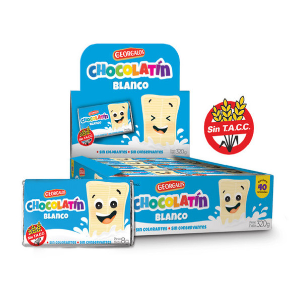 Georgalos Chocolatín Chocolate Blanco Mini White Chocolate Bars - Gluten Free, 8 g / 0.28 oz (box of 40 mini bars)