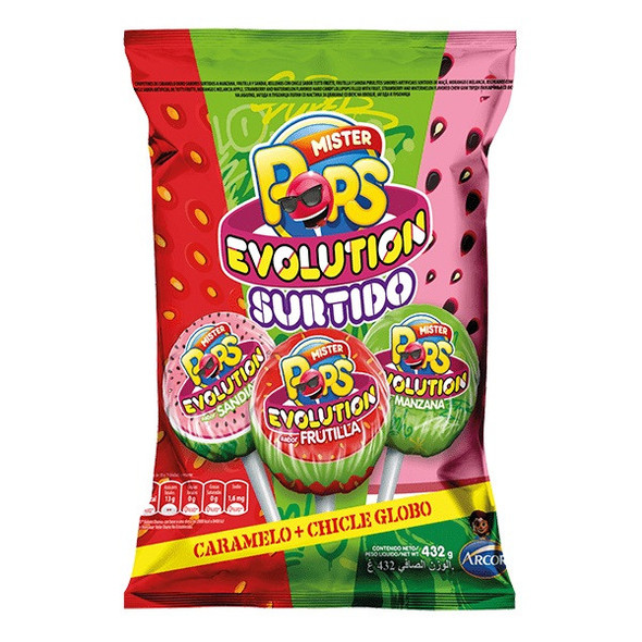 Mister Pops Evolution Surtido Chupetín-Chicle Chupetín Relleno con Chicle Assorted Flavors Watermelon, Strawberry & Apple Flavored Lollipops Filled With Tutti Frutti Bubblegum, 432 g / 15.24 oz (bag of 24 lollypops)
