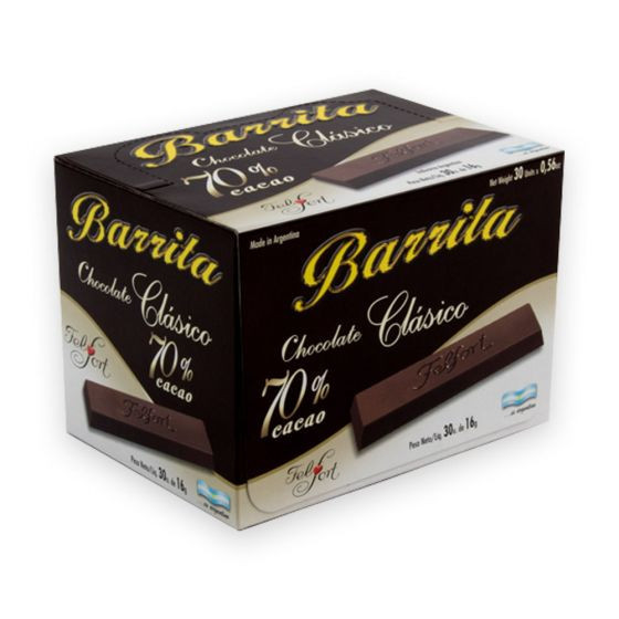 Barritas de Chocolate Clásico 70% Dark Cacao Bars by Felfort Ideal for Hot Milk Submarino, 16 g / 0.56 oz (box of 30 bars)