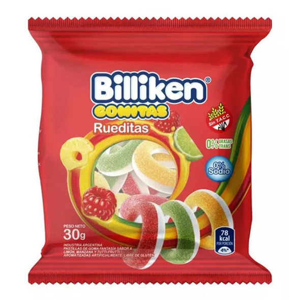 Billiken Rueditas Gomitas Candies Gummies Assorted Flavors Lemon, Apple & Tutti-Fruitti, 30 g / 1.05 oz (box of 12)