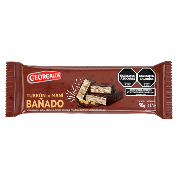 Georgalos Peanut Nougat with Honey – Semi-Sweet Chocolate Coated Turrón de Maní Bañado, 90 g / 3.17 oz