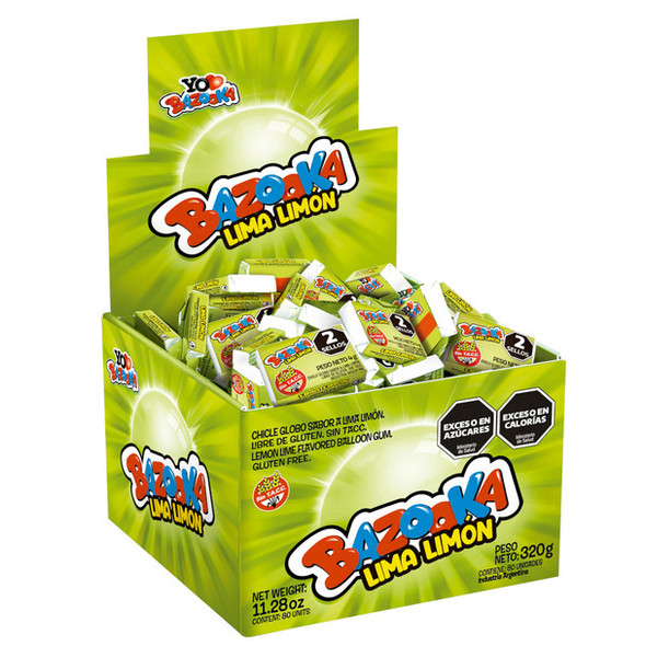 Bazooka Lime Lemon Bubblegum, Lima Limón Flavor Chewing Gum, 320 g / 11.28 oz (box of 80)