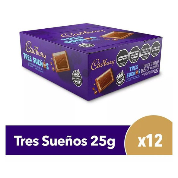 Cadbury Tres Sueños Chocolate Bar Milk Chocolate + White + Semi-Bitter, 25 g / 0.95 oz (box of 12)