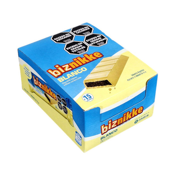 Biznikke Chocolate White Filled with Biscuit, 28 g / 0.98 oz (box of 15)