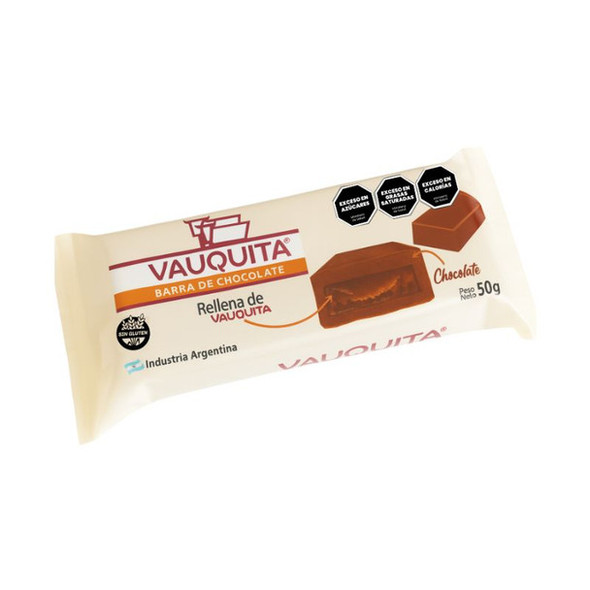Vauquita Chocolate Bar Filled with Dulce de Leche Barras de Chocolate Rellena de Dulce de Leche, 50 g / 1.76 oz (box of 12 units)