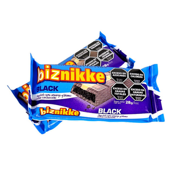 Biznikke Black & Semi-Sweet Chocolate with White Filling & Biscuit, 28 g / 0.98 oz (box of 15)