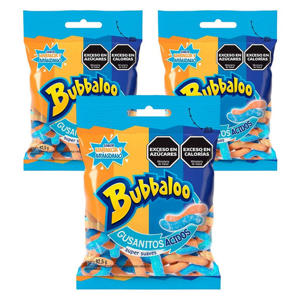 Bubbaloo Soft Chewy Candy Sour Worms Orange & Blueberry Flavor, 82.5 g / 2.91 oz (pack of 3)