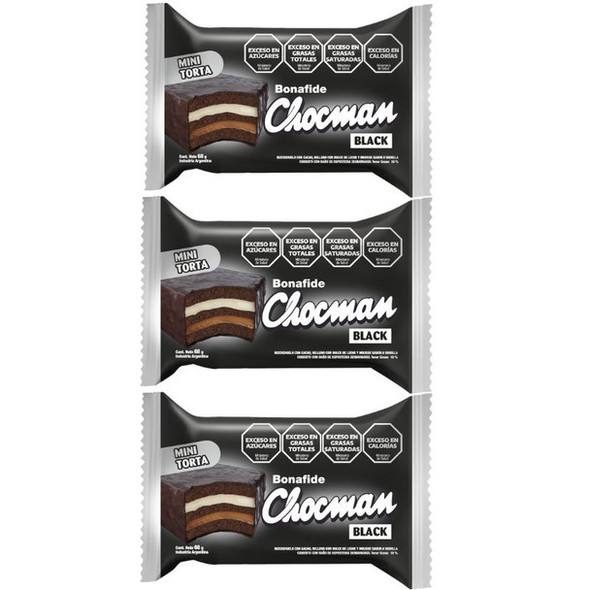 Bonafide Chocman Mini Torta Black Vanilla Cake with Dulce de Leche and Mousse Filling Mini Pastel de Vainilla con Relleno de Dulce de Leche y Mousse, 68 g / 2.4 oz (Pack of 3)