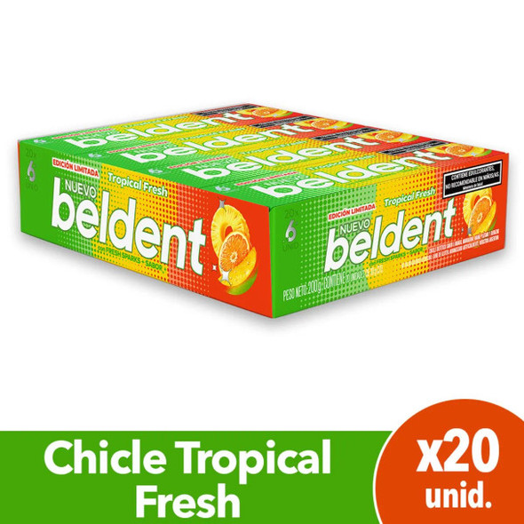 Beldent Tropical Fresh Chewing Gum Limited Edition Gluten-Free Chicles Sabor Tropical Fresh Edición Limitada, 10 g / 0.35 oz (box of 20)