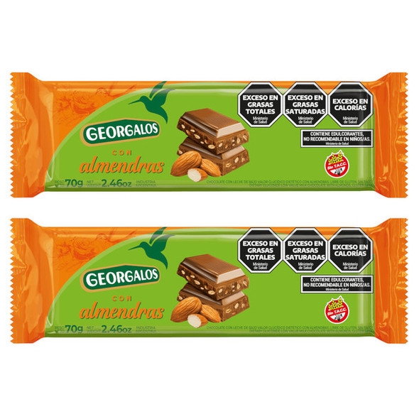 Georgalos Low Glycemic Milk Chocolate with Almonds Gluten-Free Chocolate con Almendras, 70 g / 2.47 oz (pack of 2)