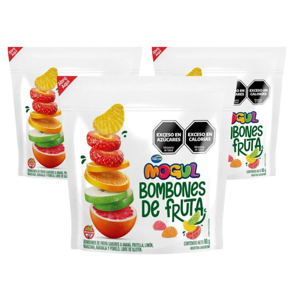 Mogul Bombones de Fruta Candy Fruit Bites Jellies Orange, Apple, Lemon, Strawberry & Pineapple Gluten-Free, 80 g / 2.82 oz ea (pack of 3)