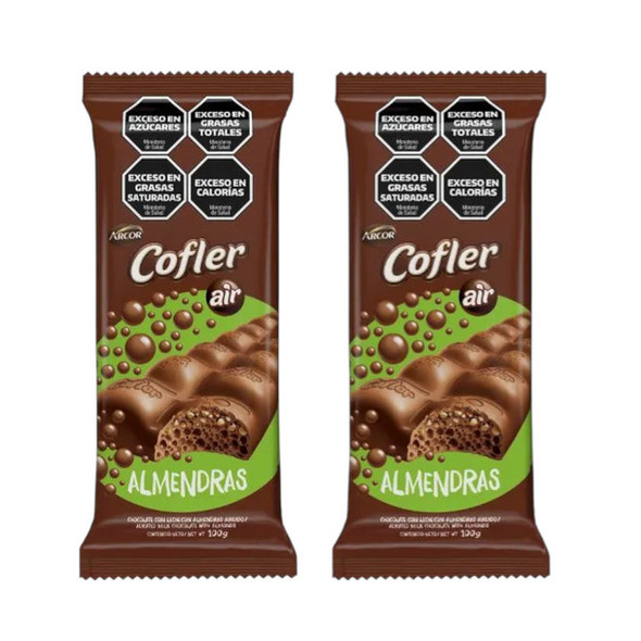 Cofler Air Almendras Chocolate Con Leche Aireado Airy Chocolate Bar with Almonds, 100 g / 3.52 oz ea (pack of 2 bars)
