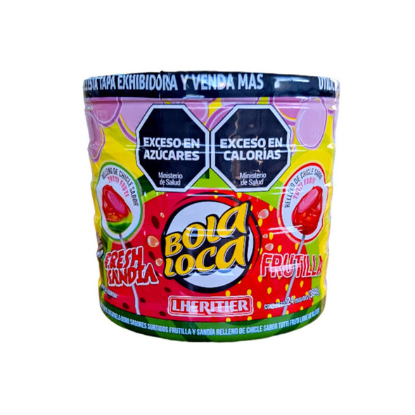 Chupetines Bola Loca Fresh Sandia Hard Lollipops Watermelon Flavor Filled with Bubble Gum by Lheritier, 384 g / 13.5 oz (24 units)