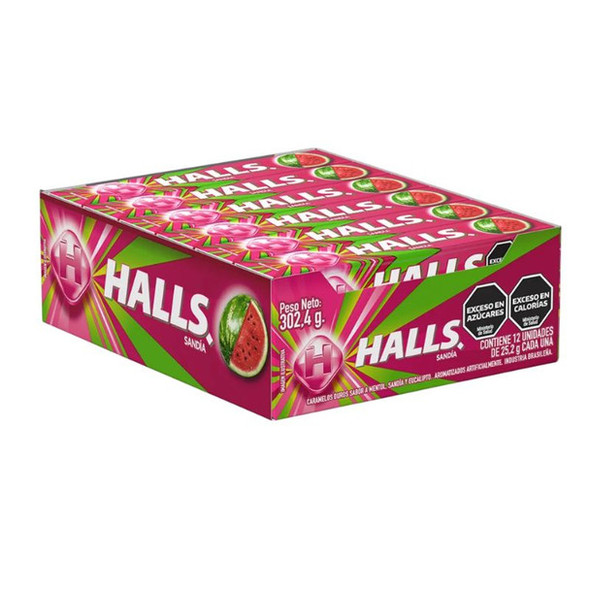 Halls Hard Candy Watermelon & Menthol Eucalyptus Flavor Caramelos Sabor a Sandia, Mentol & Eucalipto, 25.2 g / 0.89 oz (box of 12)