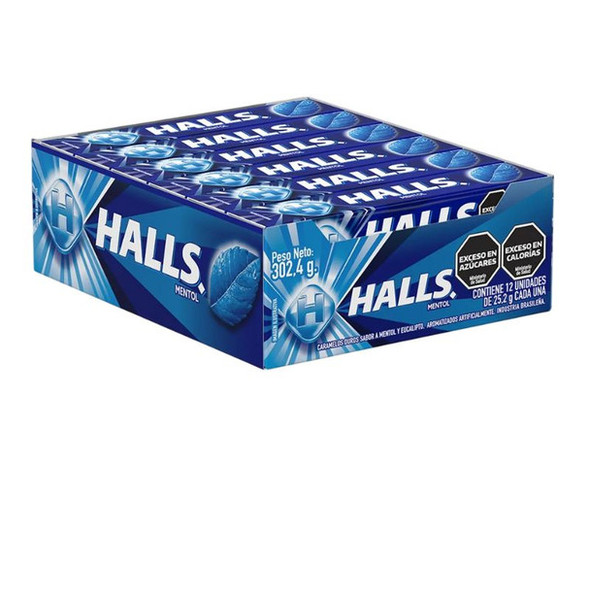 Halls Menthol Hard Candies Eucalyptus Flavor Caramelos Sabor a Mentol & Eucalipto, 25.2 g / 0.89 oz (box of 12)