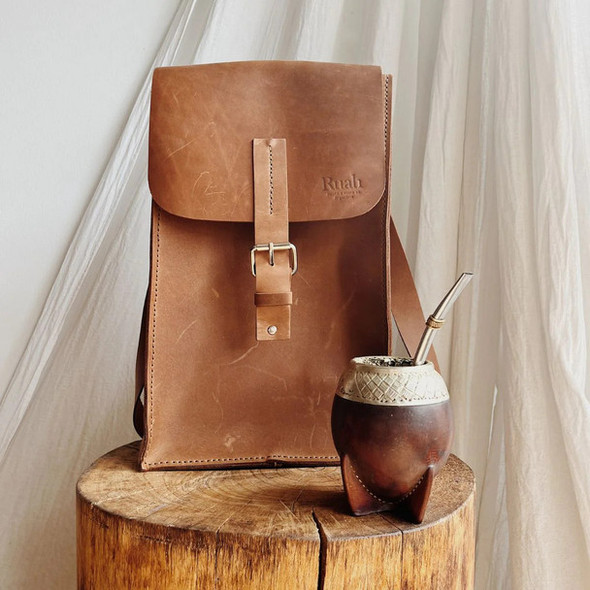 RUAH | Matera Handcrafted Rustic Leather Mate & Thermos Bag Bolso Matero - Artisanal Charm for Stylish Greenery