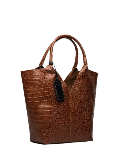 Prüne Cartera Loto Croco Marrón Engraved Leather Shoulder Bag with Magnet Clasp (Brown)