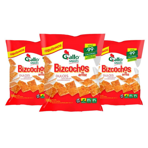 Gallo Bizcochos Galletas Arroz Dulce Sweet Gluten-Free Sin TACC Crocante Horneadas Baked, 100 g / 3.5 oz ea (pack of 3)