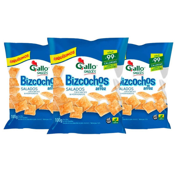Gallo Bizcochos Galletas Arroz Salado Salted Gluten-Free Sin TACC Crocante Horneadas Baked, 100 g / 3.5 oz ea (pack of 3)