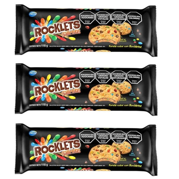 Rocklets Galletitas Cookies with Rocklets Candy Coated Chocolate Chips Galletitas con Chispas de Chocolate Cubiertas de Caramelo Rocklets, 118 g / 4.2 oz (pack of 3)