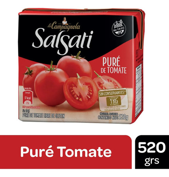 Salsati Puré de Tomate Tomato Puree Sauce No Preservatives Gluten Free, 520 g / 1.15 lb