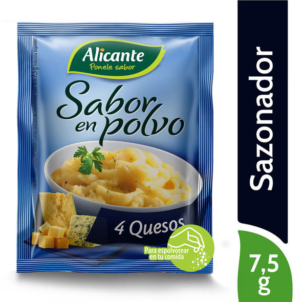Alicante Sabor En Polvo Cuatro Quesos Four Cheese Flavored Powder Ready To Use Seasoning Broth, 7.5 g / 0.26 oz ea (box of 12 pouches)