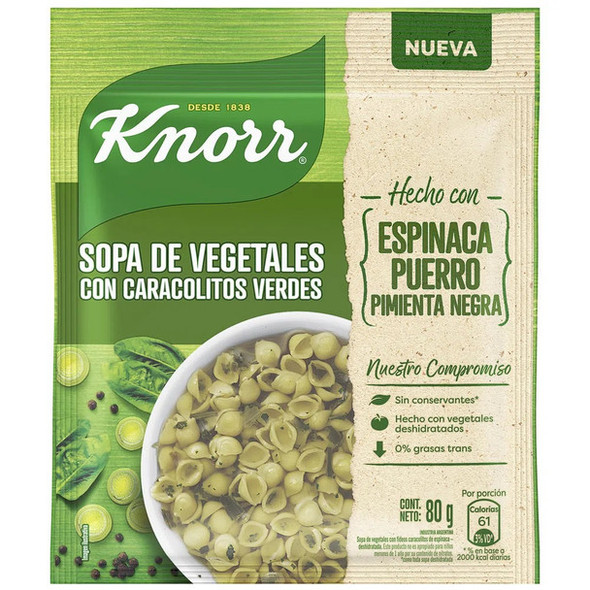 Knorr Sopa de Vegetales con Fideos Caracolitos Espinaca y Puerro Vegetables Powder Soup with Spinach & Leek - Conchiglie Pasta Soup, 4 servings per pouch, 80 g / 2.82 oz (pack of 3)