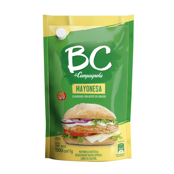 BC La Campagnola Mayonesa Classic Mayonnaise Made with Sunflower Oil - Gluten Free, 1 kg / 2.2 lb squeeze pouch