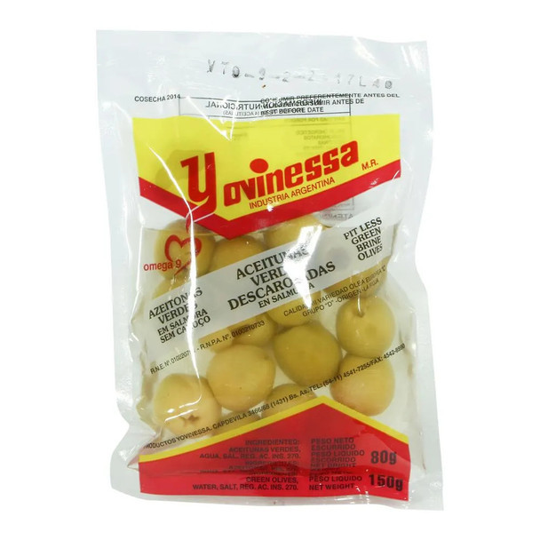 Yovinessa Aceitunas Verdes En Salmuera Descarozadas Green Olives, 150 g / 5.29 oz pouch