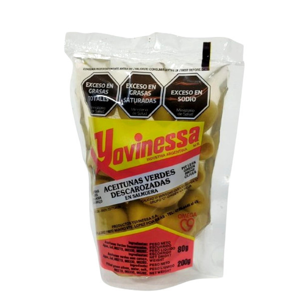 Yovinessa Green Pitted Olives in Brine Aceitunas Verdes Descarozadas, 80 g / 2.8 oz (drained)