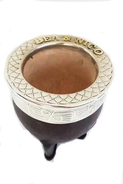 Customized Leather Large Mate Gourd with Custom Handmade Text in Alpaca Silver