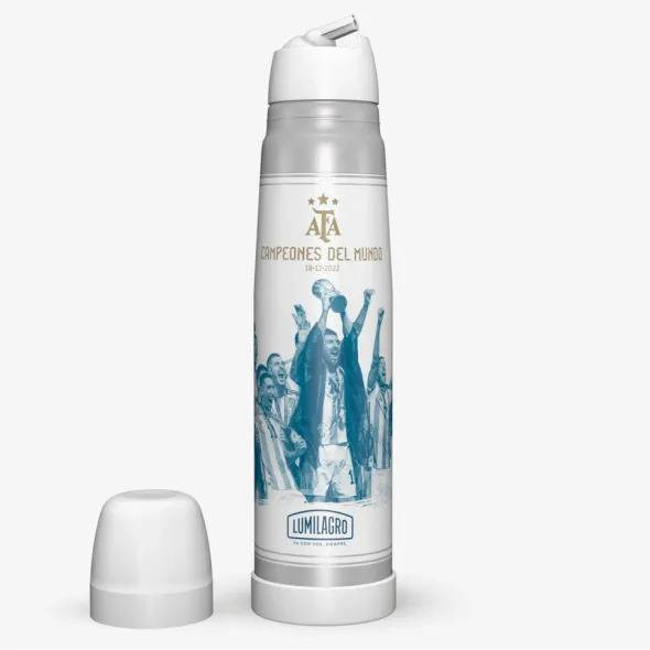 Lumilagro Termo de Acero Luminox Argentina AFA CAMPEON MUNDIAL 3 Estrellas Stainless Steel Thermos Vacuum Bottle with Pouring Beak for Mate, 1 l / 33.8 fl oz