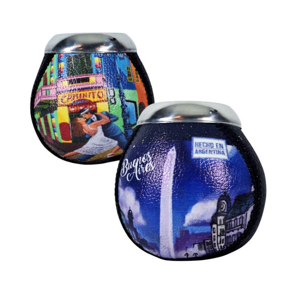 Mate Calabash with Metal Rim Wrapped in Leather, Obelisco & Caminito Buenos Aires Design (pack of 2)